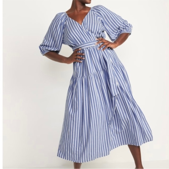 Old Navy Dresses & Skirts - Old Navy Waist-Defined Striped Tie-Belt Midi Wrap Dress in Blue Stripe- Size XL